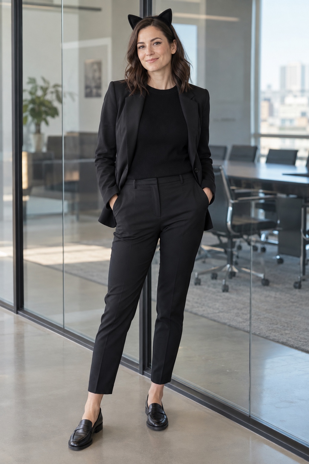 Work-appropriate black cat costume with a black blazer, tailored trousers, loafers and small cat ears.
