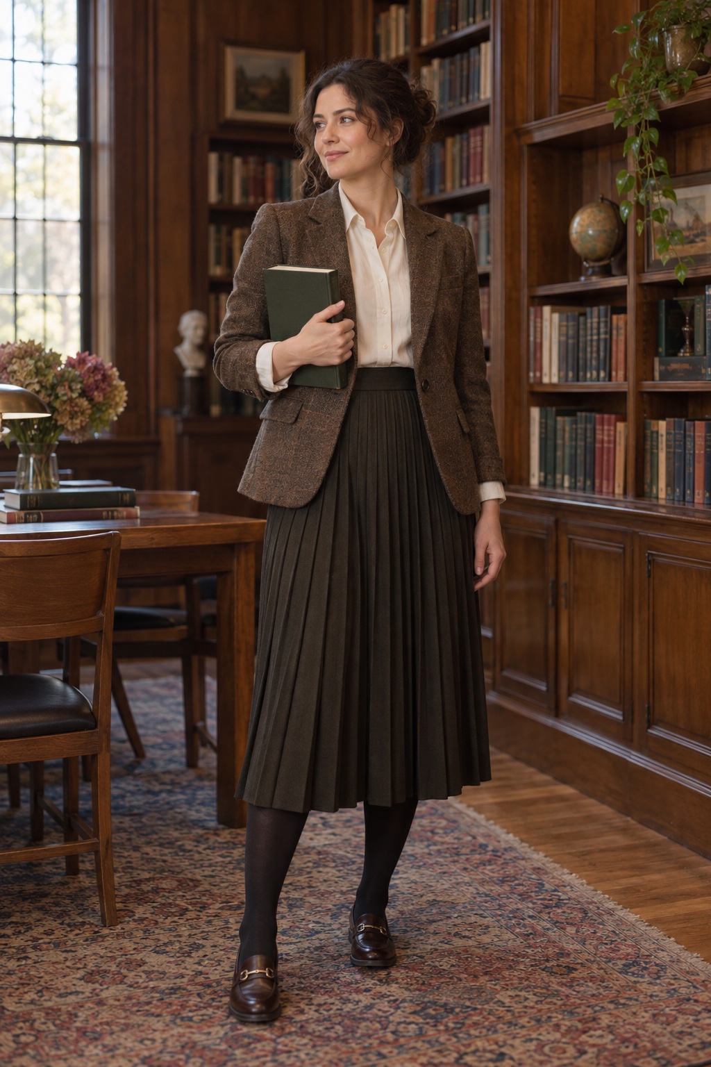 Dark academia professor costume with a tweed blazer, cream shirt and pleated midi skirt.