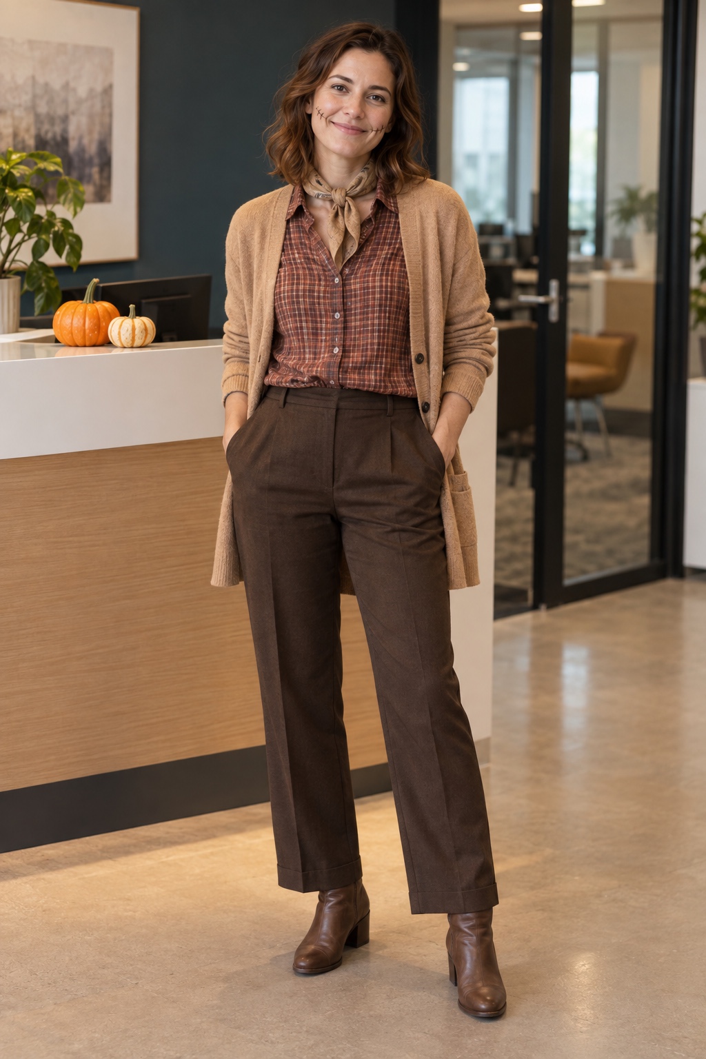 Polished scarecrow office costume with plaid shirt, camel cardigan and brown trousers.