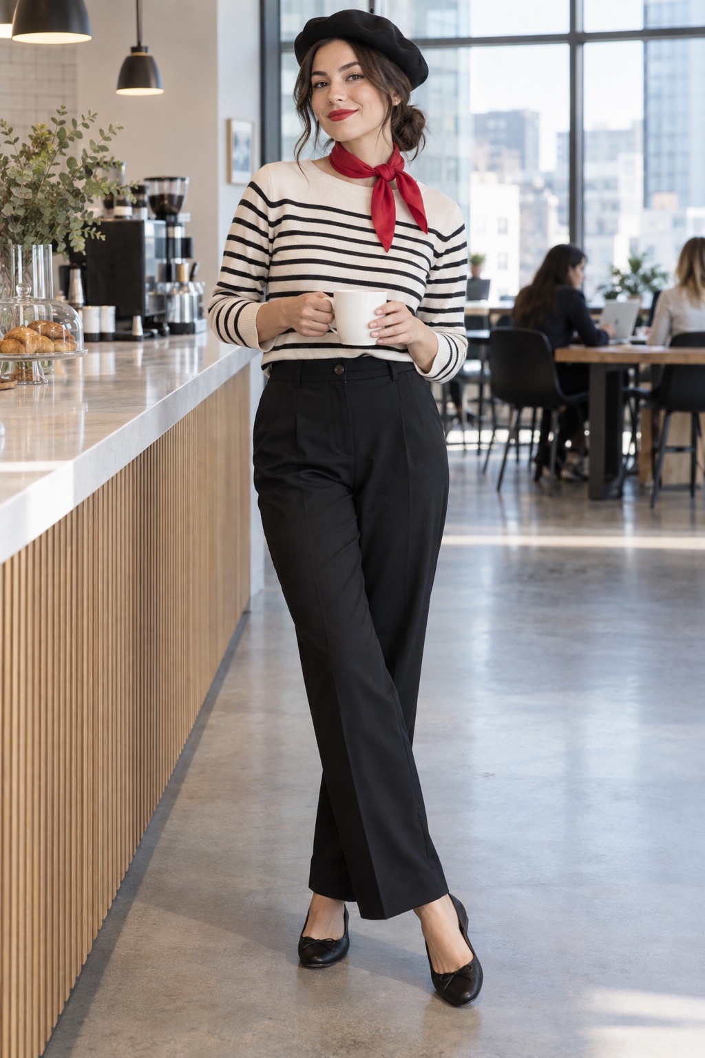 French mime work costume with a striped knit, black trousers, ballet flats, red scarf and beret.