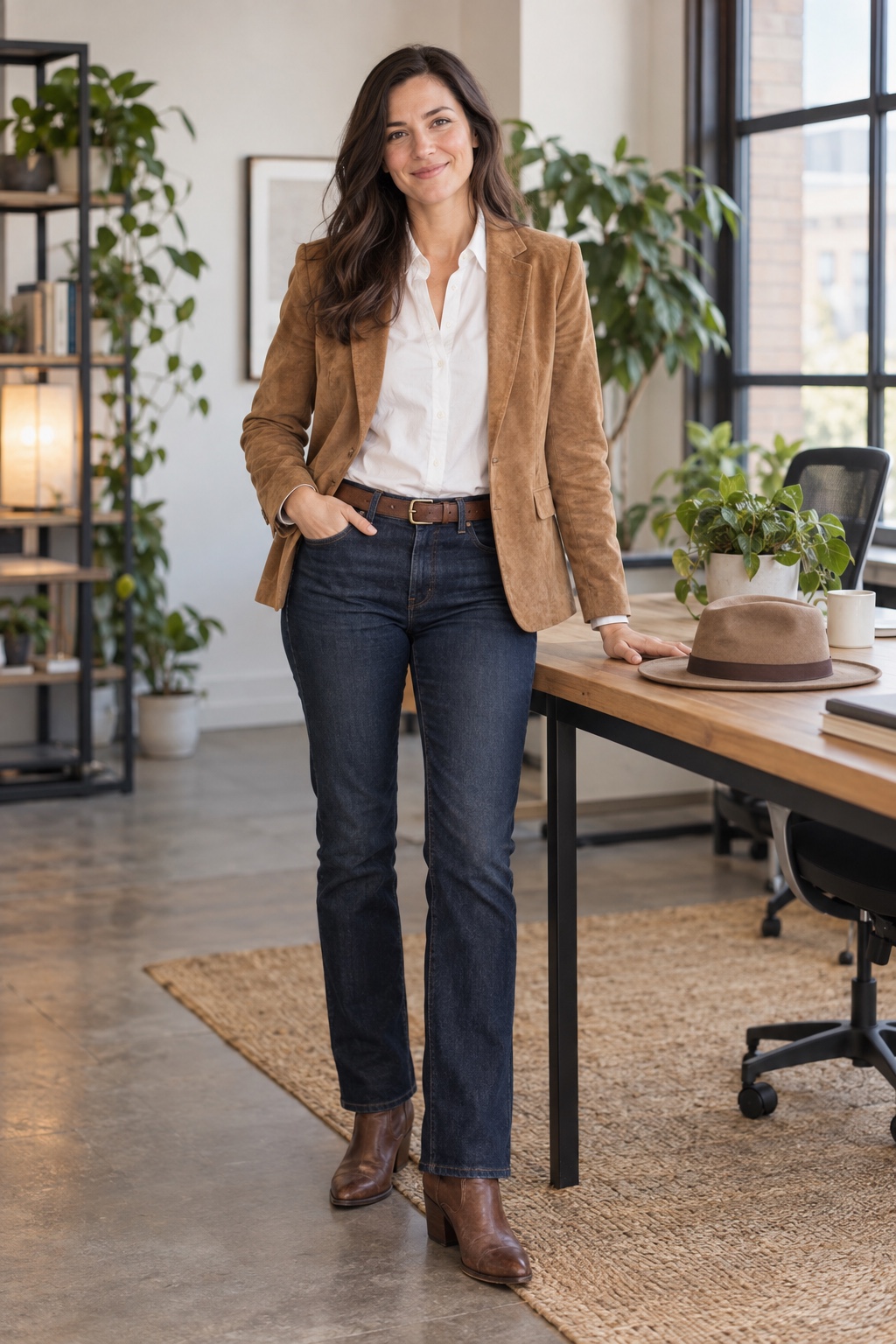 Business-casual cowgirl costume with dark jeans, white shirt, suede blazer and western boots.