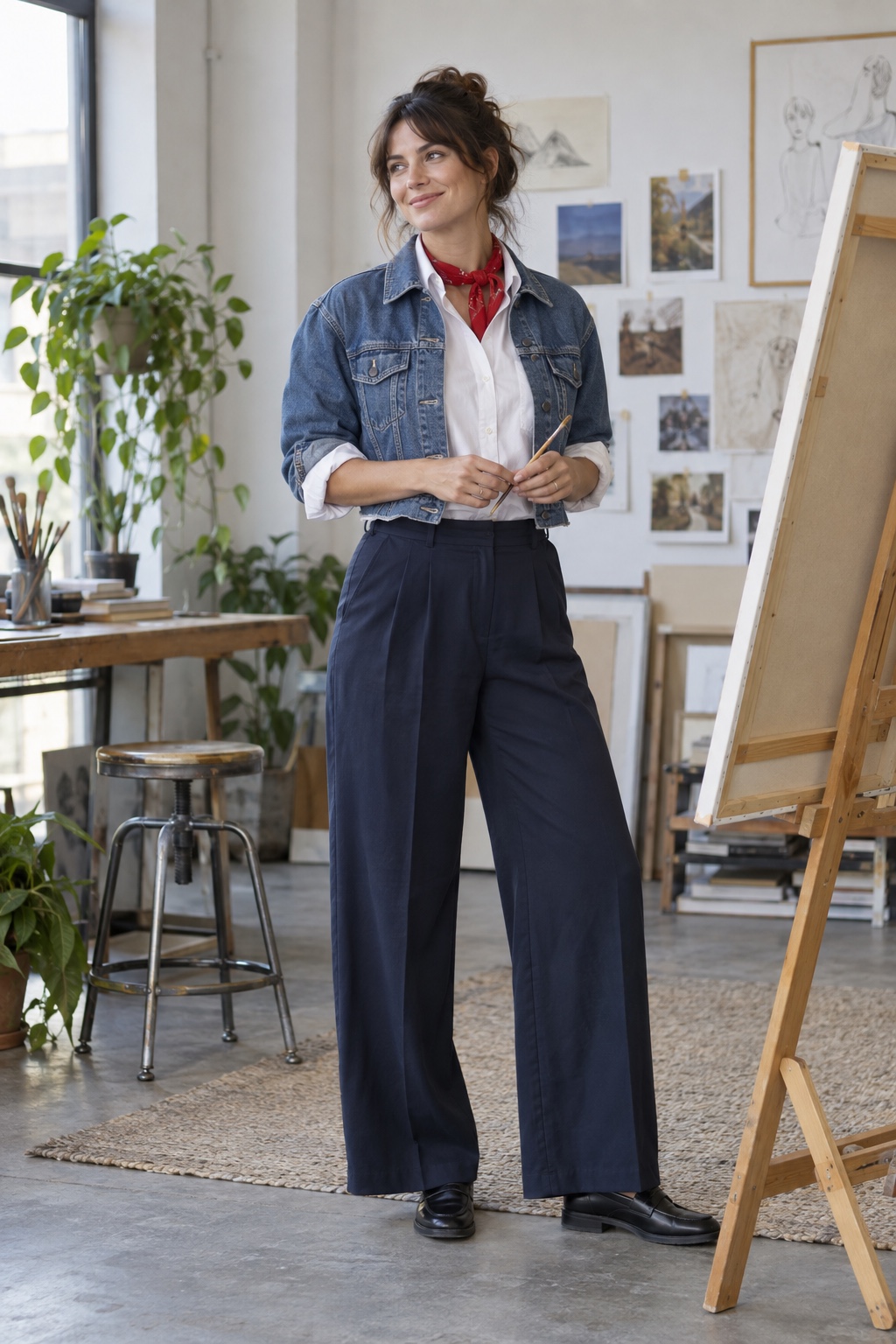 Studio artist costume with navy trousers, white shirt, denim jacket and red scarf.
