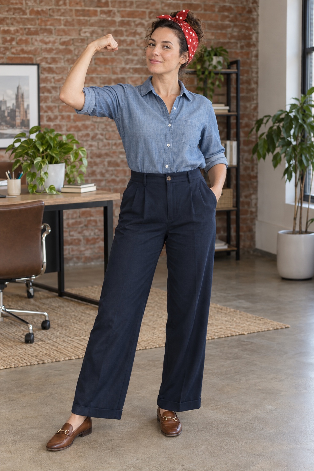 Vintage workwear costume with navy trousers, chambray shirt and red polka-dot hair scarf.