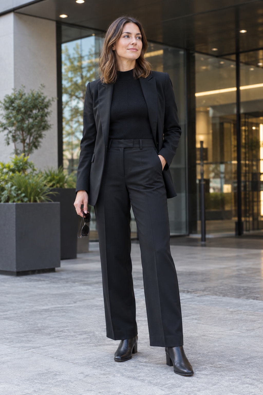 Secret agent office costume with a black suit, mock-neck knit and flat ankle boots.