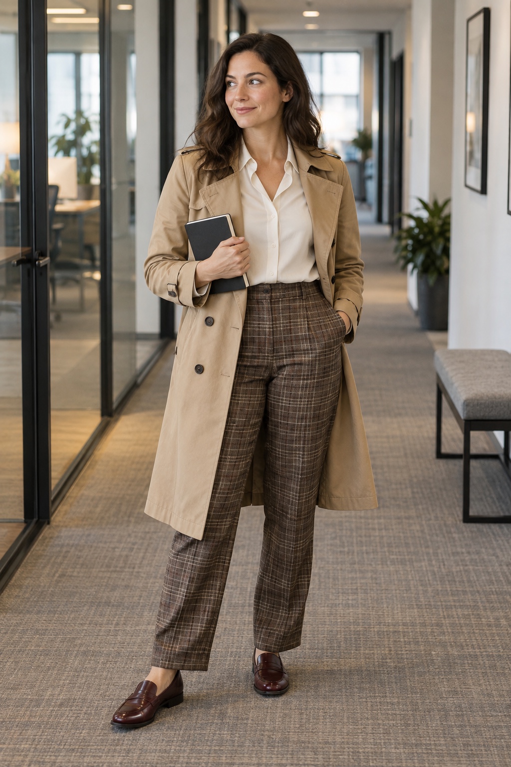 Private detective costume with a camel trench coat, cream blouse and plaid trousers.