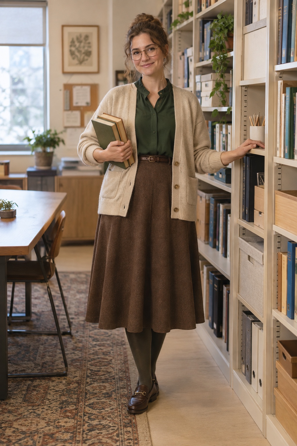 Vintage librarian costume with oatmeal cardigan, green blouse, brown midi skirt and loafers.