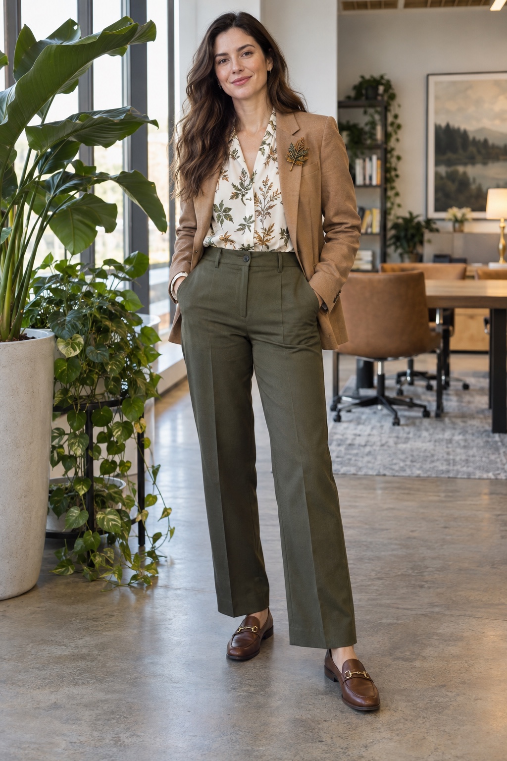 Office botanist costume with olive trousers, botanical blouse, camel blazer and leaf brooch.