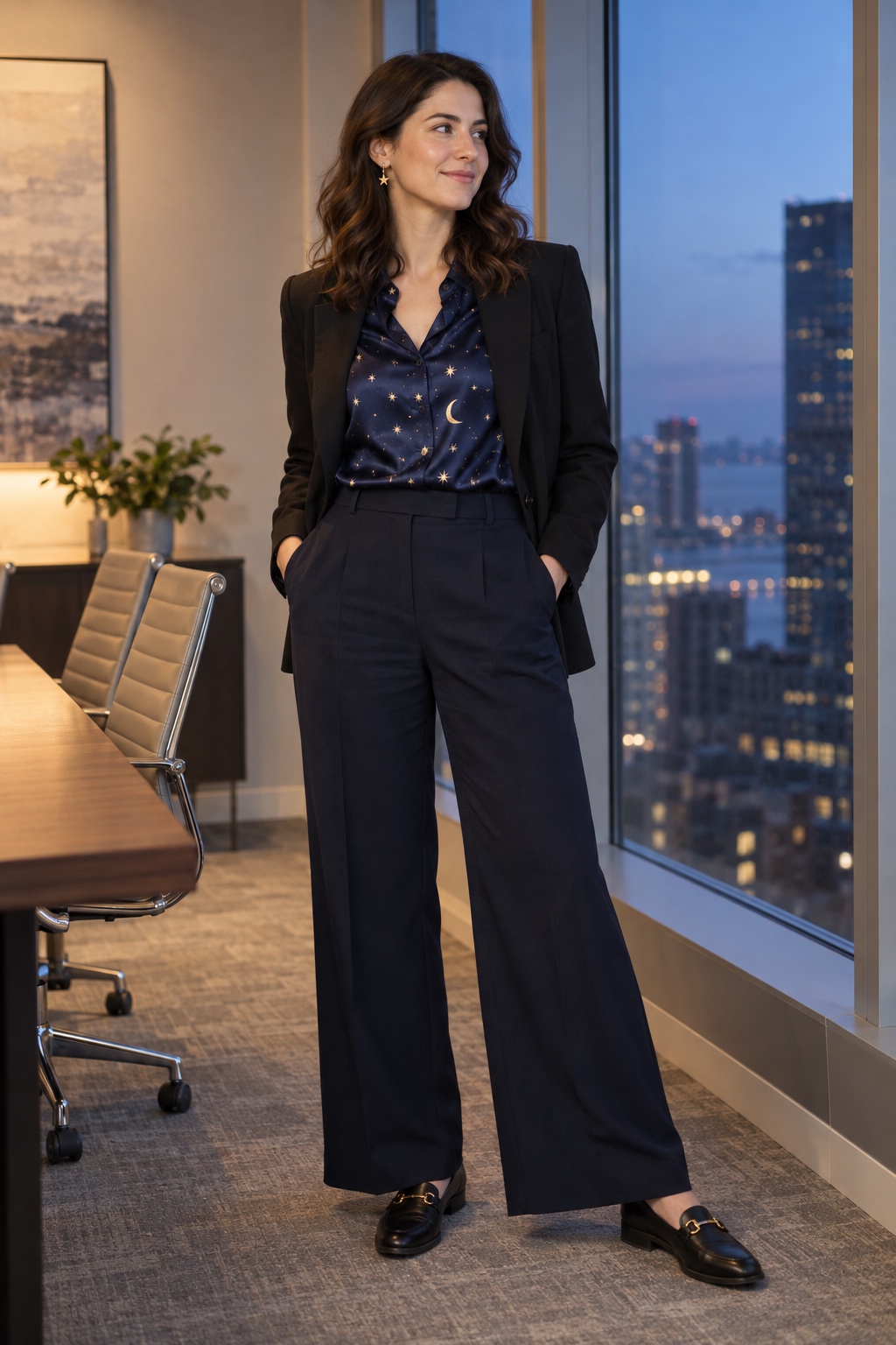 Celestial office costume with navy trousers, satin blouse, black blazer and star earrings.