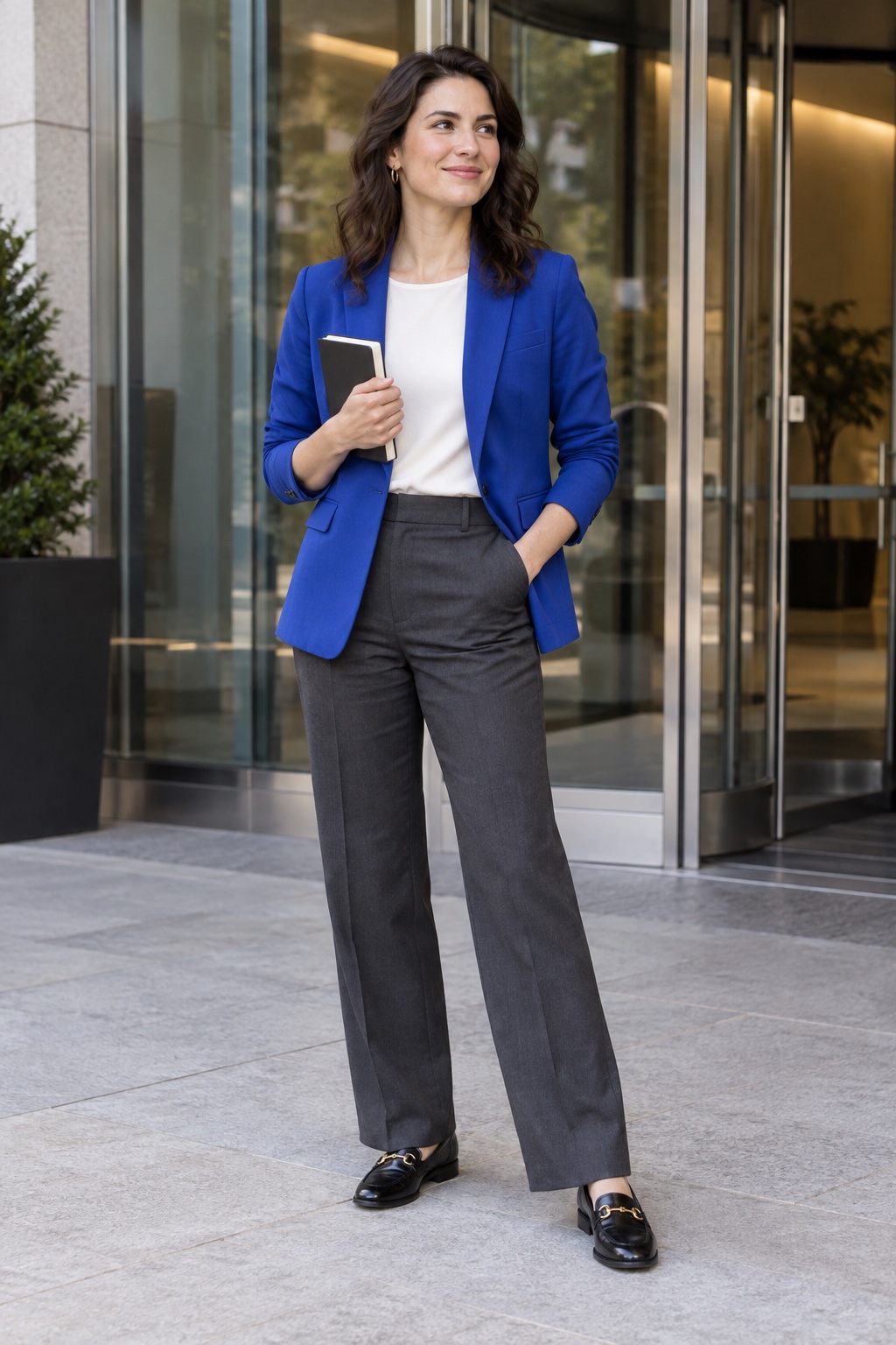News reporter costume with a cobalt blazer, ivory top, charcoal trousers and notebook.
