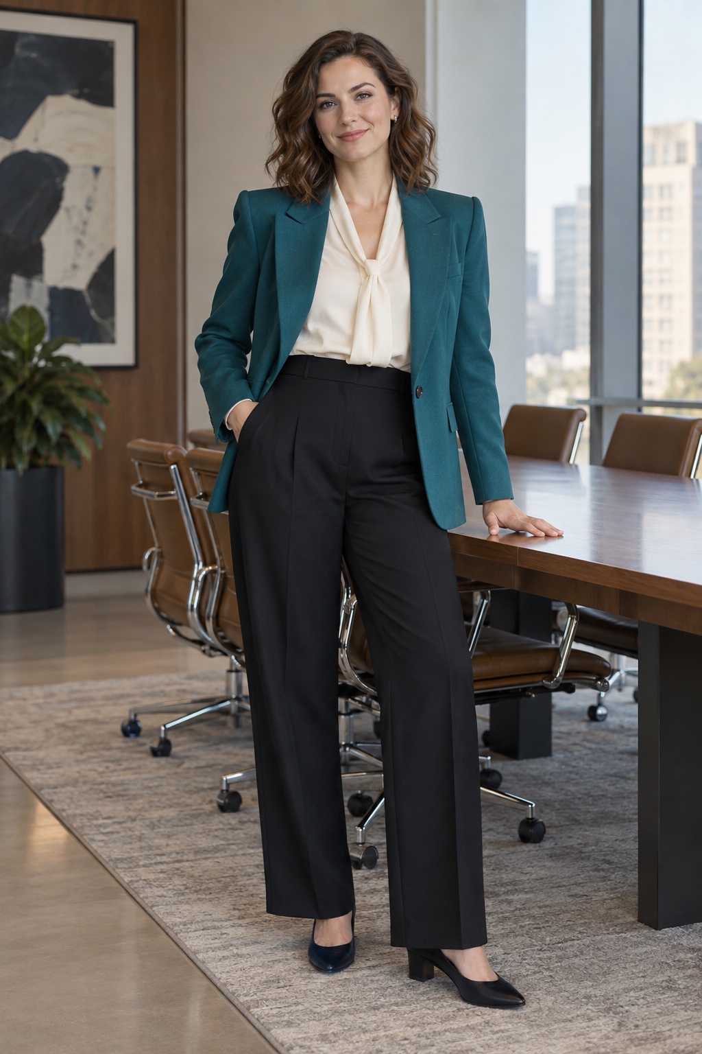 1980s power-dressing costume with a teal blazer, ivory blouse and black trousers.