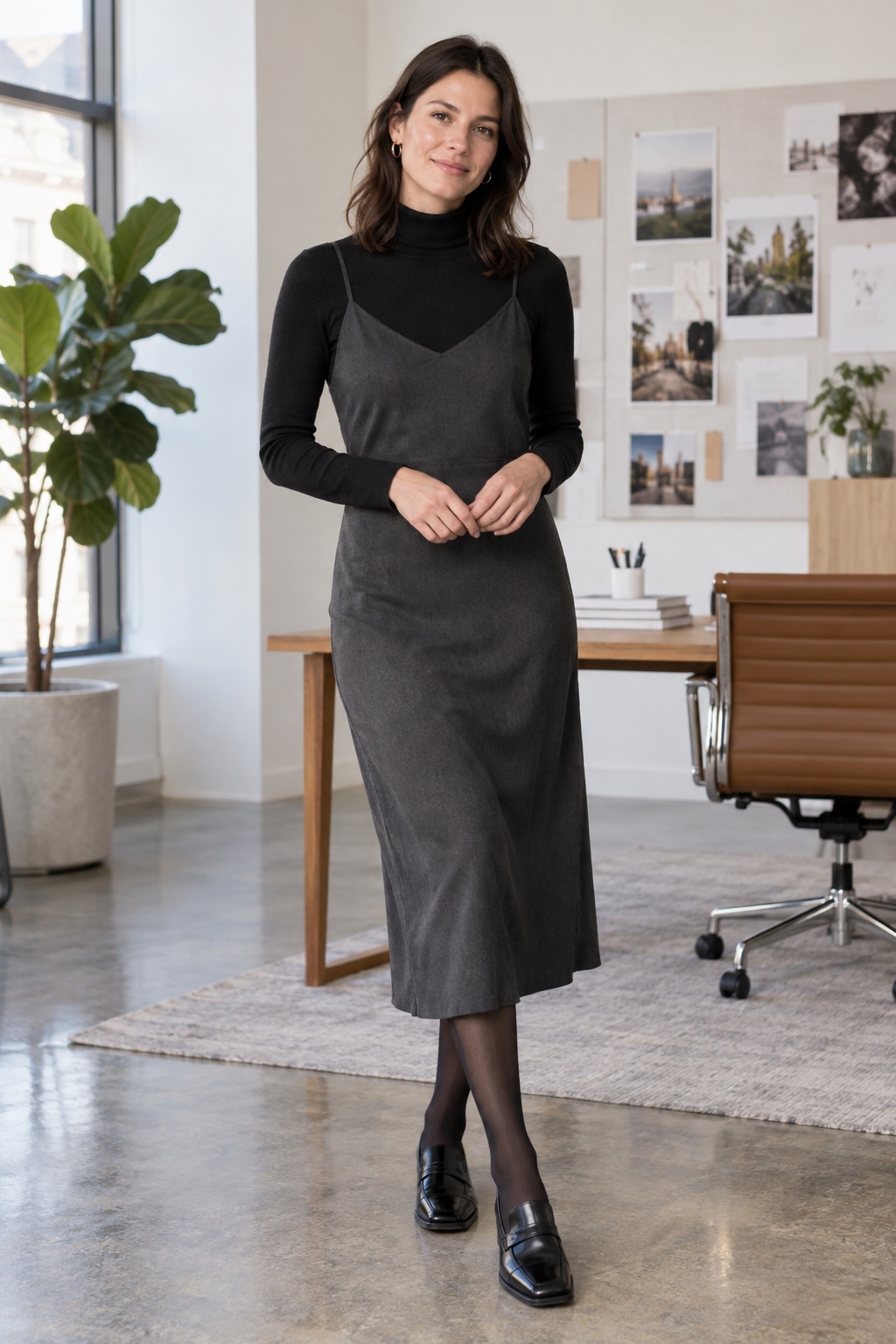 1990s minimalist costume with a charcoal slip dress over a black turtleneck and loafers.