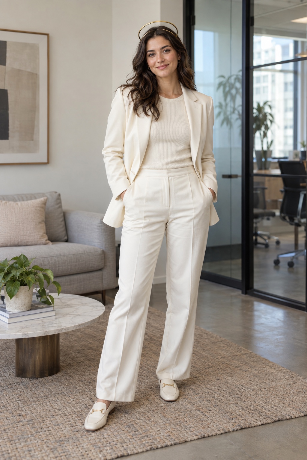 Office angel costume with an ivory pantsuit, cream knit, pale loafers and gold headband.