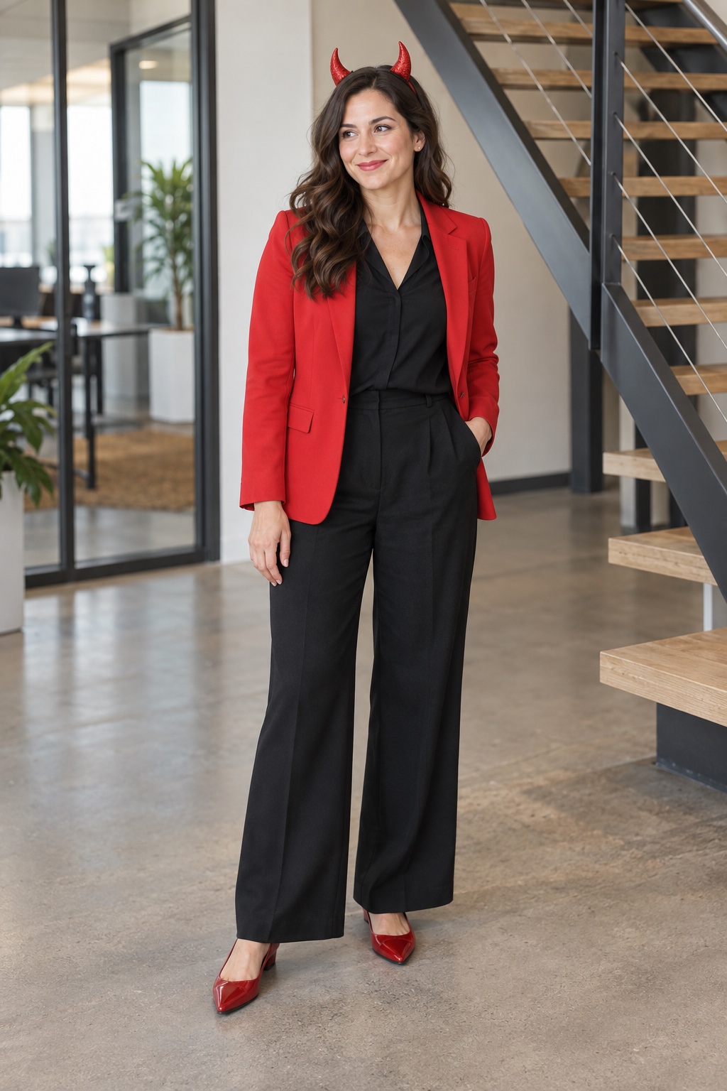 Red devil office costume with a red blazer, black trousers, red flats and small horn headband.