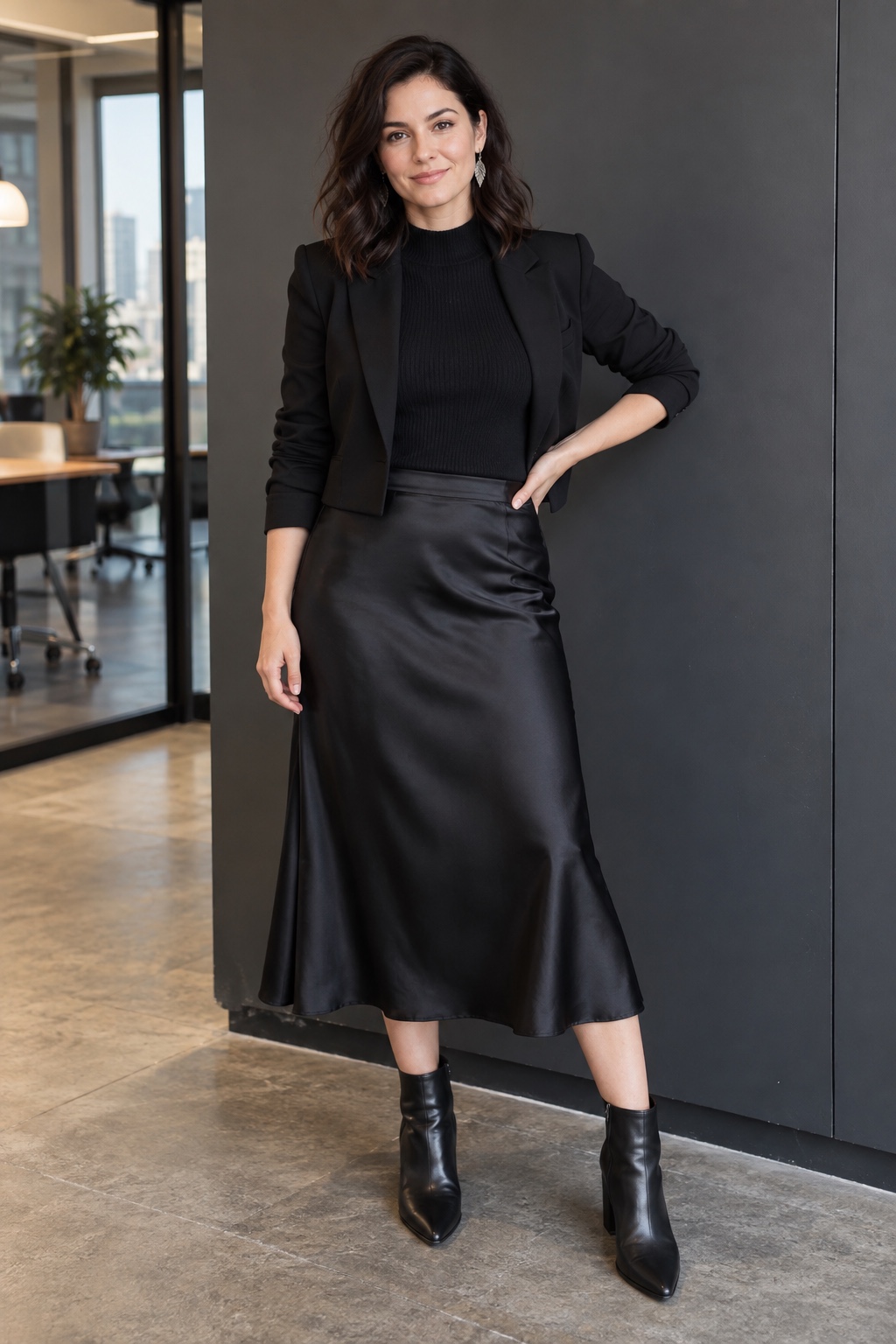 Raven-inspired work costume with a black satin skirt, black knit, blazer and ankle boots.