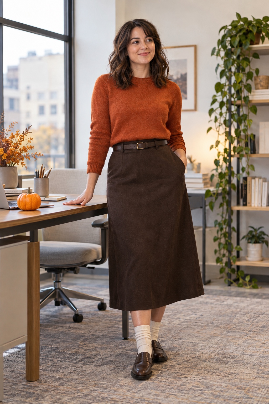 Pumpkin-palette office outfit with an orange sweater, brown midi skirt and loafers.