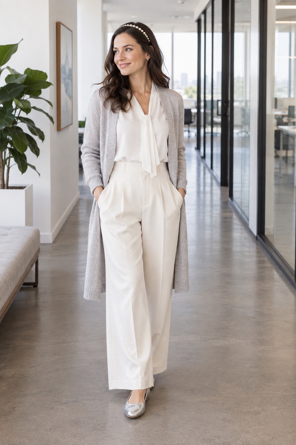 Friendly ghost-inspired work outfit with ivory trousers, white blouse, pale cardigan and silver flats.