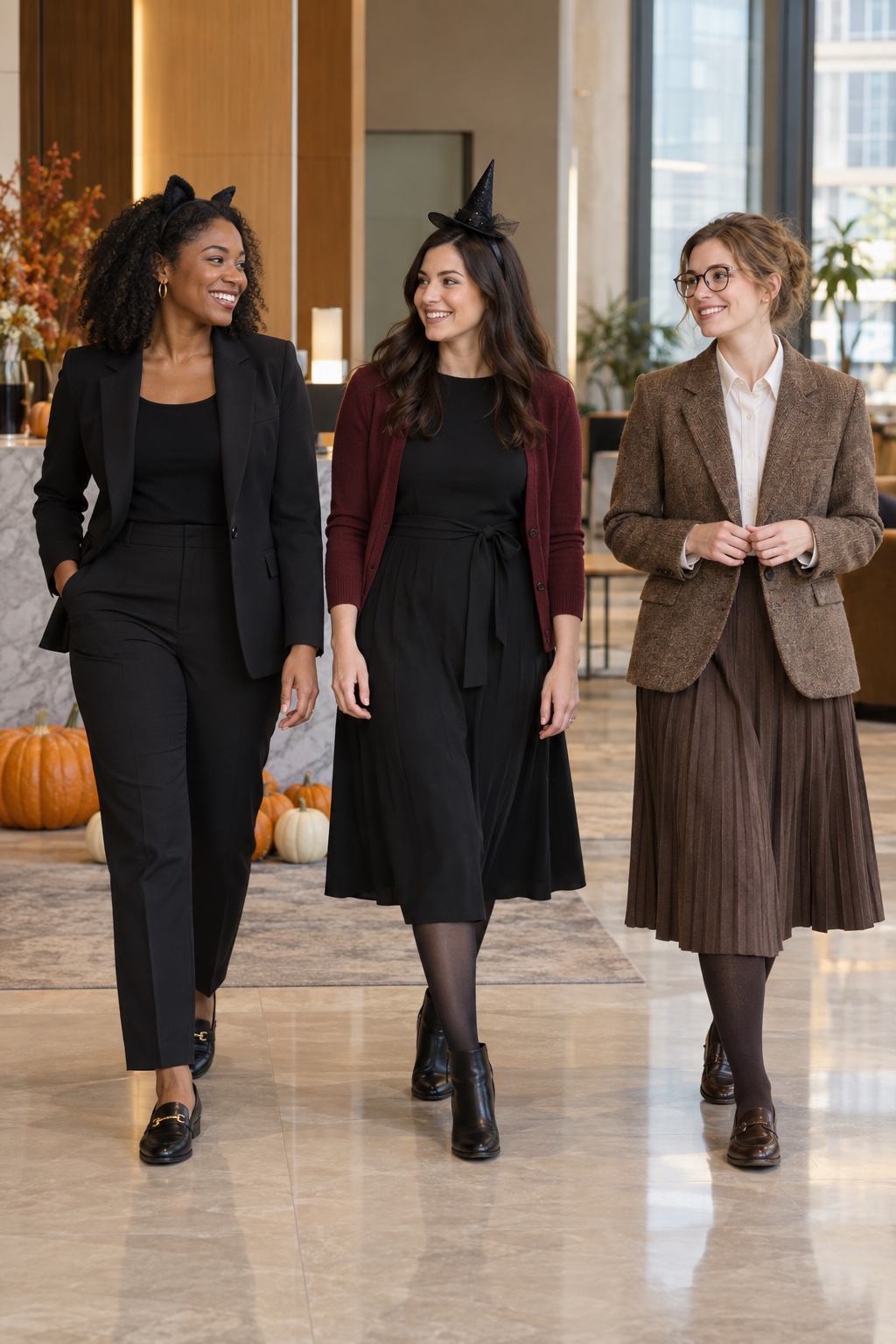 Three coworkers wearing polished office Halloween costumes: a black cat, a modern witch and a dark-academia professor.