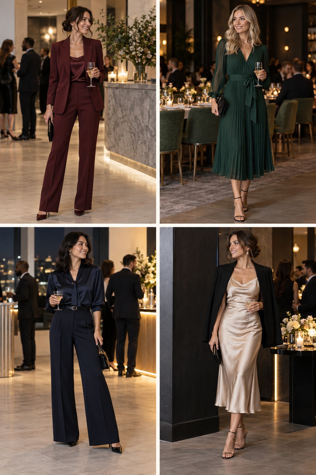 Visual guide to Work Christmas party outfits with polished colors, fabrics and layers.