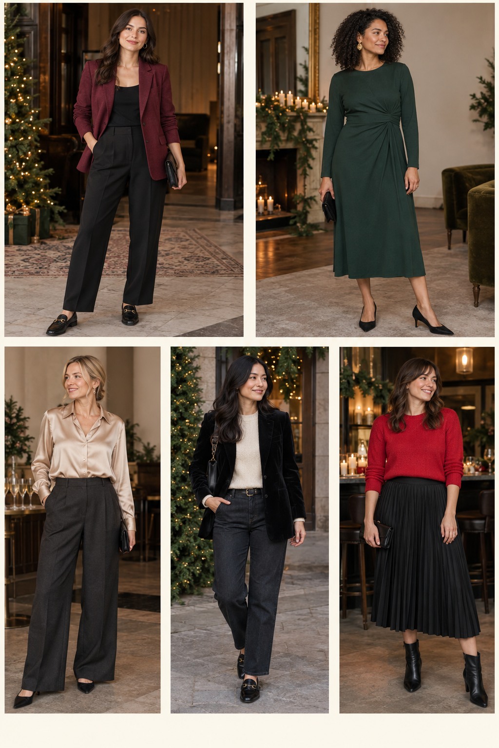 Five examples of Work Christmas party outfits with complete head-to-toe styling.