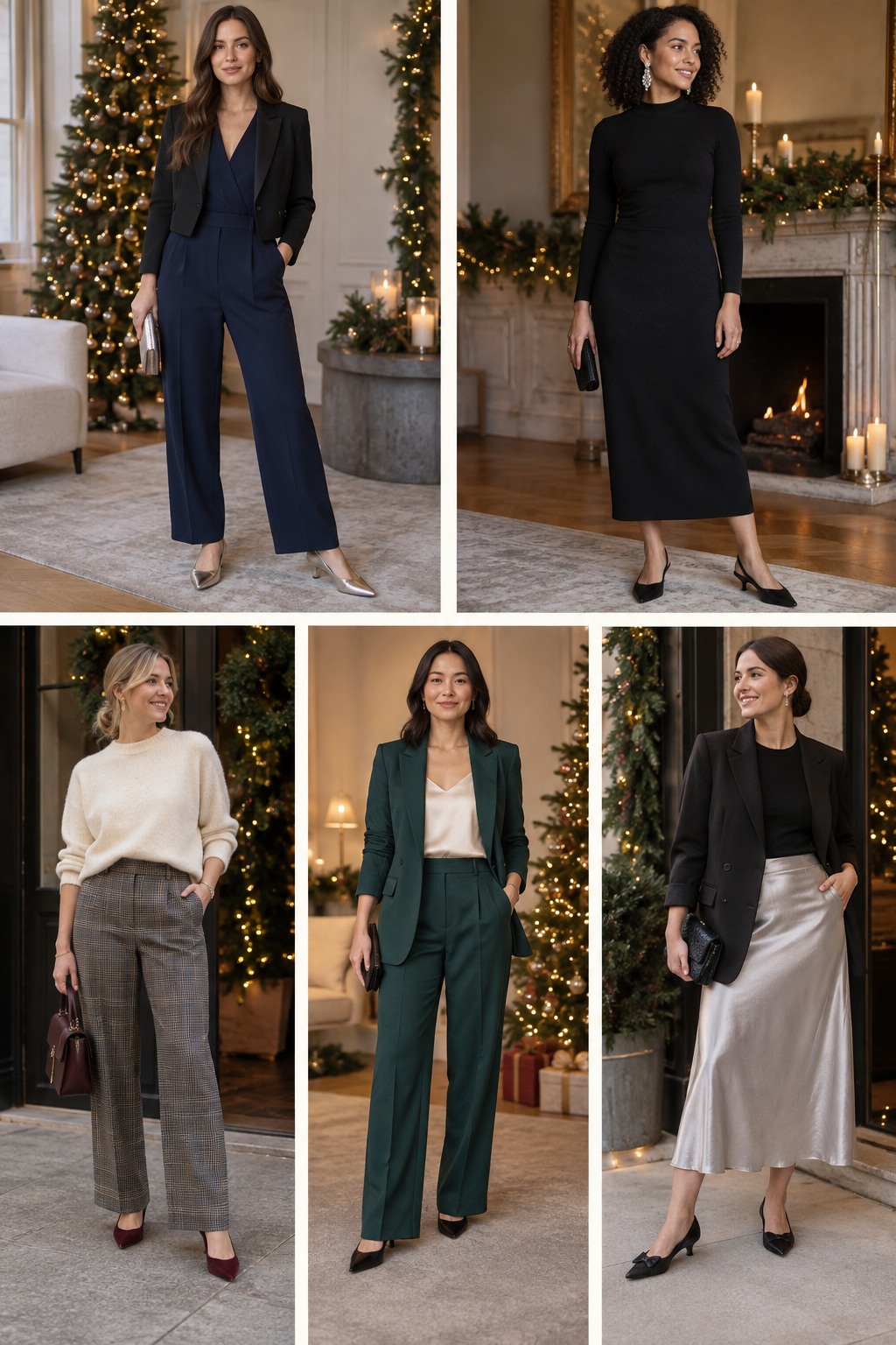 Five examples of Work Christmas party outfits with complete head-to-toe styling.