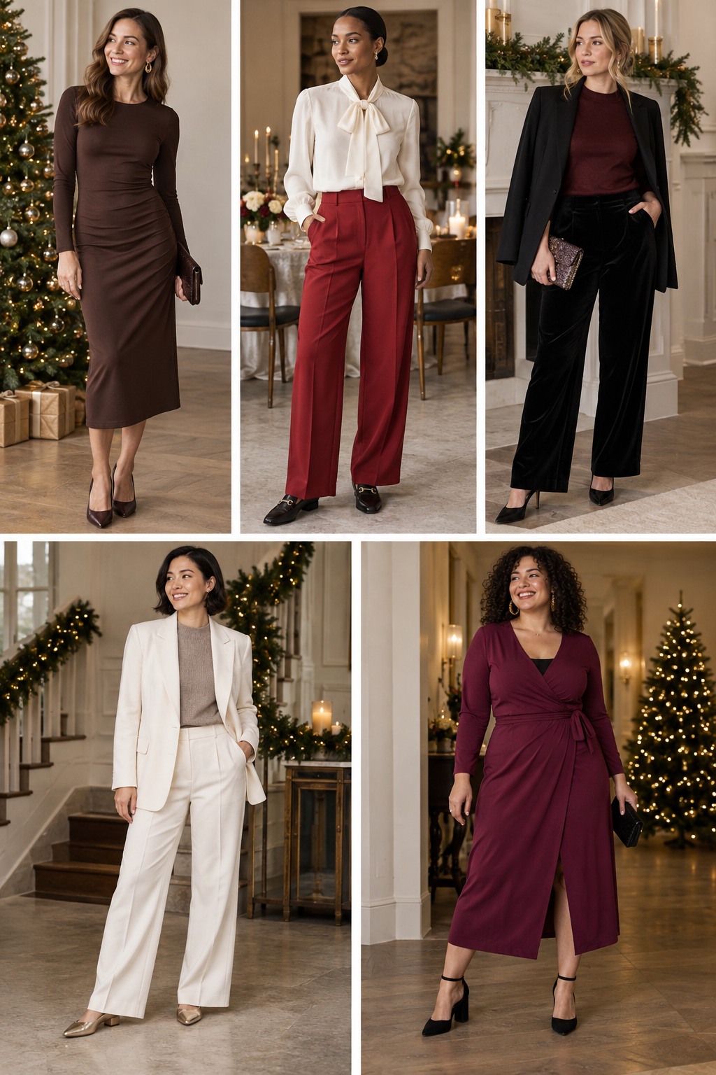 Five examples of Work Christmas party outfits with complete head-to-toe styling.