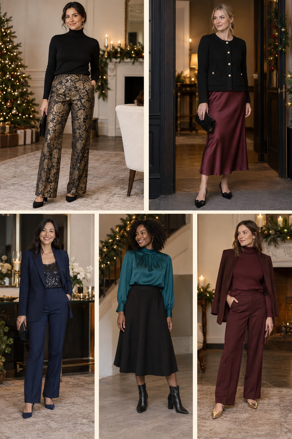Five examples of Work Christmas party outfits with complete head-to-toe styling.