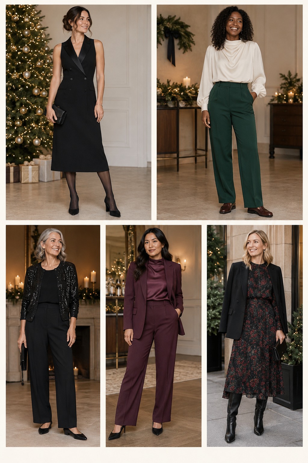 Five examples of Work Christmas party outfits with complete head-to-toe styling.
