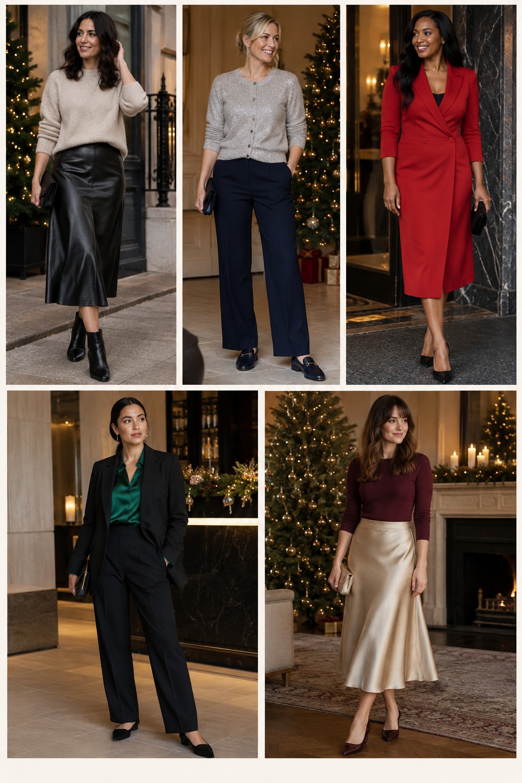 Five examples of Work Christmas party outfits with complete head-to-toe styling.